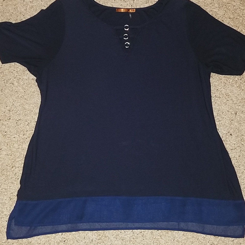 Navy top with pretty jeweled ladder neck detail